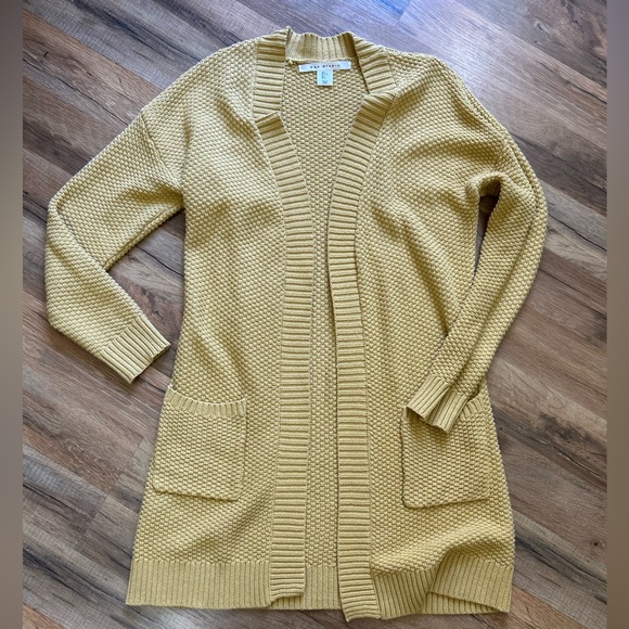 Max studios mustard yellow open front cardigan waffle knit large - Picture 2 of 5